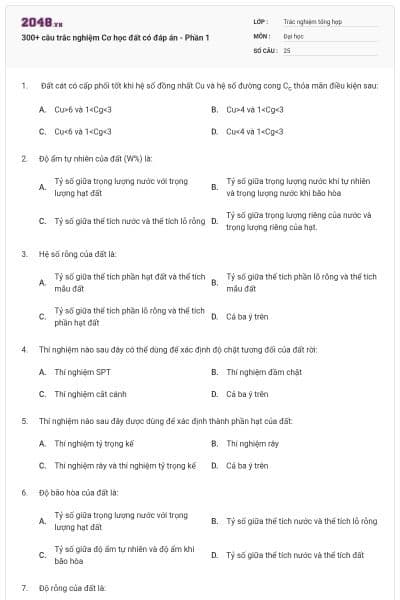 300+ câu trắc nghiệm Cơ học đất có đáp án - Phần 1