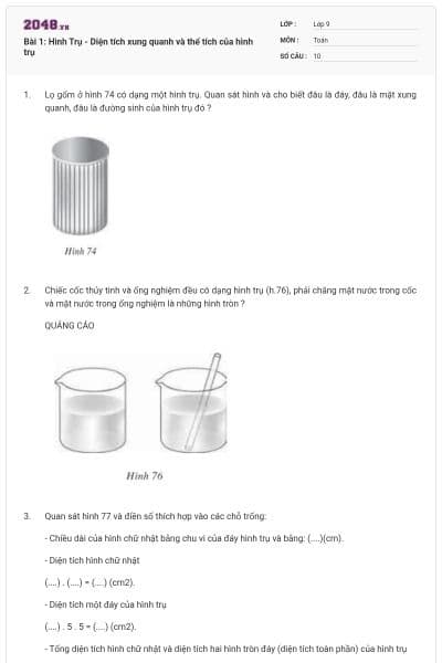 Bài 1: Hình Trụ - Diện tích xung quanh và thể tích của hình trụ
