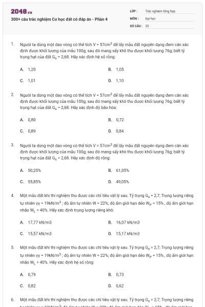 300+ câu trắc nghiệm Cơ học đất có đáp án - Phần 4