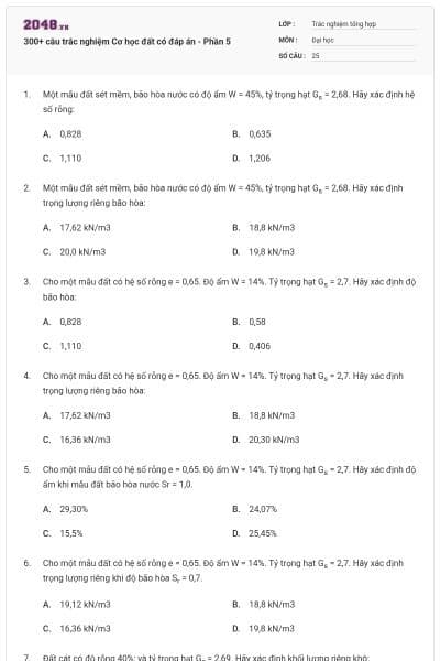 300+ câu trắc nghiệm Cơ học đất có đáp án - Phần 5