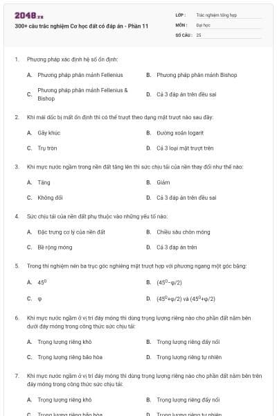 300+ câu trắc nghiệm Cơ học đất có đáp án - Phần 11