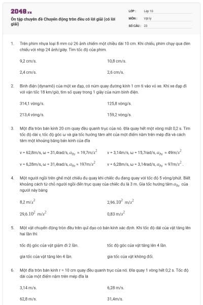 Ôn tập chuyên đề Chuyển động tròn đều có lời giải (có lời giải)