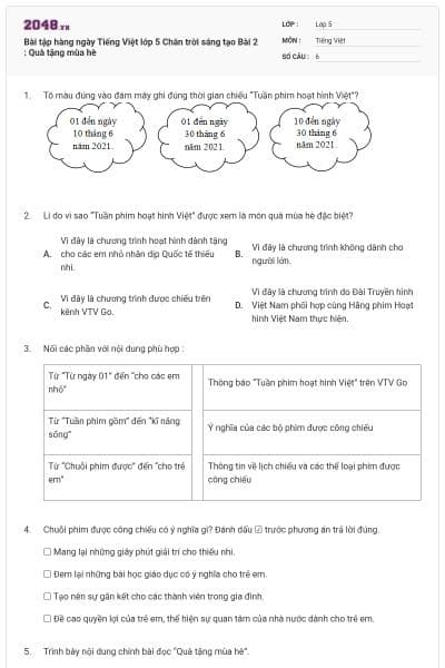 Bài tập hàng ngày Tiếng Việt lớp 5 Chân trời sáng tạo Bài 2 : Quà tặng mùa hè