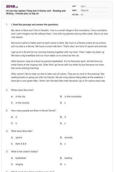 20 câu trắc nghiệm Tiếng Anh 6 Starter unit - Reading and Writing - Friends plus có đáp án