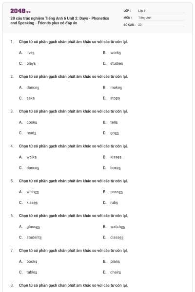 20 câu trắc nghiệm Tiếng Anh 6 Unit 2: Days - Phonetics and Speaking - Friends plus có đáp án