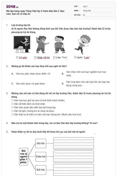 Bài tập hàng ngày Tiếng Việt lớp 5 Cánh diều Bài 2: Bạn nam. bạn nữ có đáp án