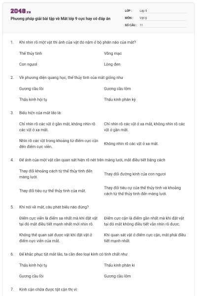 Phương pháp giải bài tập về Mắt lớp 9 cực hay có đáp án