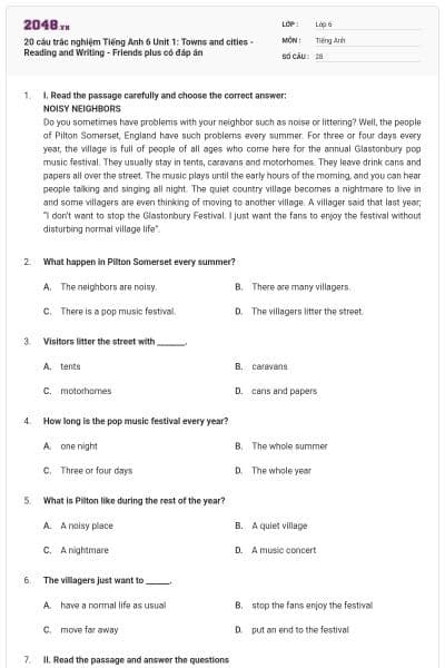20 câu trắc nghiệm Tiếng Anh 6 Unit 1: Towns and cities - Reading and Writing - Friends plus có đáp án