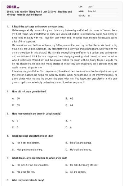 20 câu trắc nghiệm Tiếng Anh 6 Unit 2: Days - Reading and Writing - Friends plus có đáp án