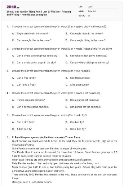 20 câu trắc nghiệm Tiếng Anh 6 Unit 3: Wild life - Reading and Writing - Friends plus có đáp án