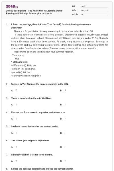 20 câu trắc nghiệm Tiếng Anh 6 Unit 4: Learning world - Reading and Writing - Friends plus có đáp án