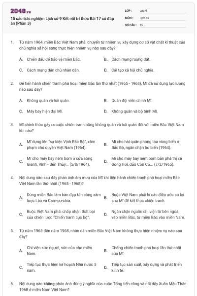 15 câu trắc nghiệm Lịch sử 9 Kết nối tri thức Bài 17 có đáp án (Phần 3)