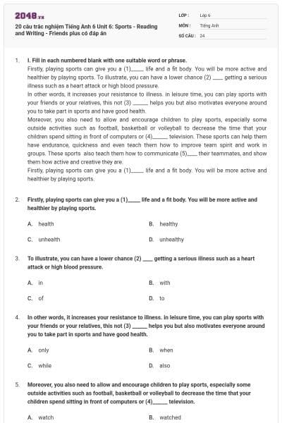 20 câu trắc nghiệm Tiếng Anh 6 Unit 6: Sports - Reading and Writing - Friends plus có đáp án