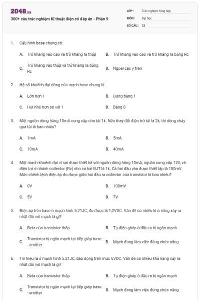300+ câu trắc nghiệm Kĩ thuật điện có đáp án - Phần 9