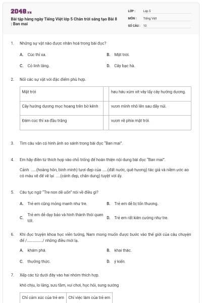 Bài tập hàng ngày Tiếng Việt lớp 5 Chân trời sáng tạo Bài 8 : Ban mai