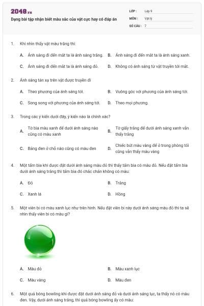 Dạng bài tập nhận biết màu sắc của vật cực hay có đáp án