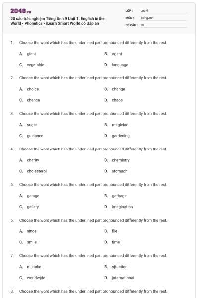 20 câu trắc nghiệm Tiếng Anh 9 Unit 1. English in the World - Phonetics - iLearn Smart World có đáp án