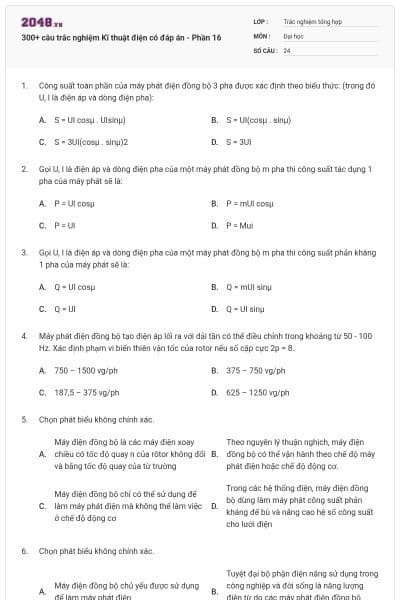 300+ câu trắc nghiệm Kĩ thuật điện có đáp án - Phần 16