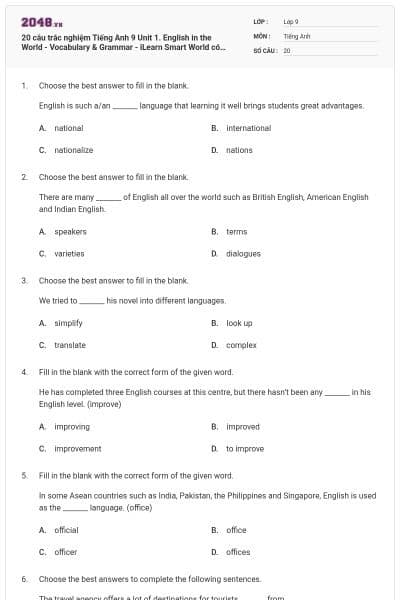 20 câu trắc nghiệm Tiếng Anh 9 Unit 1. English in the World - Vocabulary & Grammar - iLearn Smart World có đáp án