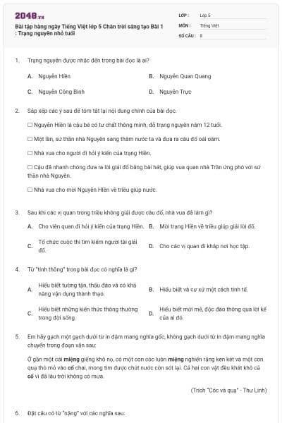 Bài tập hàng ngày Tiếng Việt lớp 5 Chân trời sáng tạo Bài 1 : Trạng nguyên nhỏ tuổi