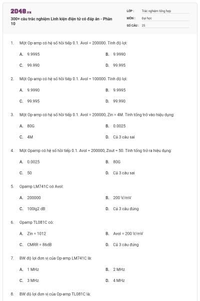 300+ câu trắc nghiệm Linh kiện điện tử có đáp án - Phần 10