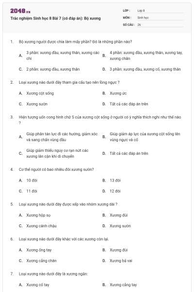 Trắc nghiệm Sinh học 8 Bài 7 (có đáp án): Bộ xương