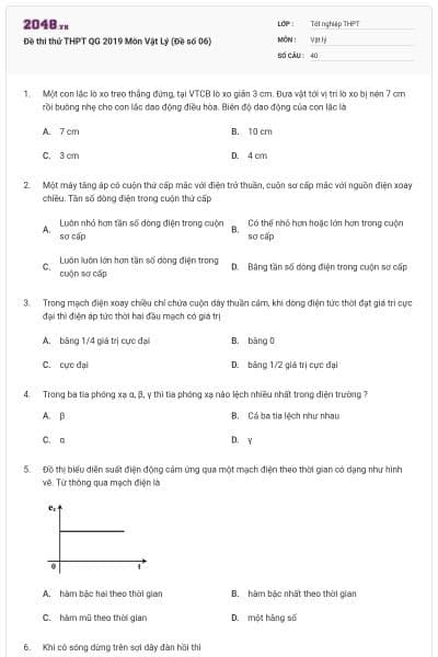Đề thi thử THPT QG 2019 Môn Vật Lý (Đề số 06)