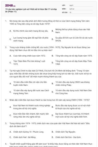 15 câu trắc nghiệm Lịch sử 9 Kết nối tri thức Bài 17 có đáp án (Phần 11)