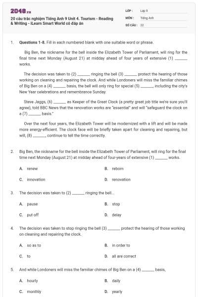 20 câu trắc nghiệm Tiếng Anh 9 Unit 4. Tourism - Reading & Writing - iLearn Smart World có đáp án