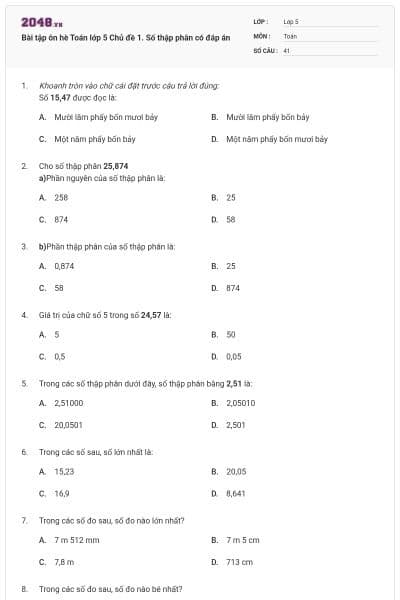 Bài tập ôn hè Toán lớp 5 Chủ đề 1. Số thập phân có đáp án