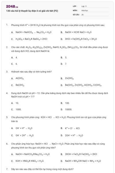 130 câu hỏi lý thuyết Sự điện li có giải chi tiết (P2)