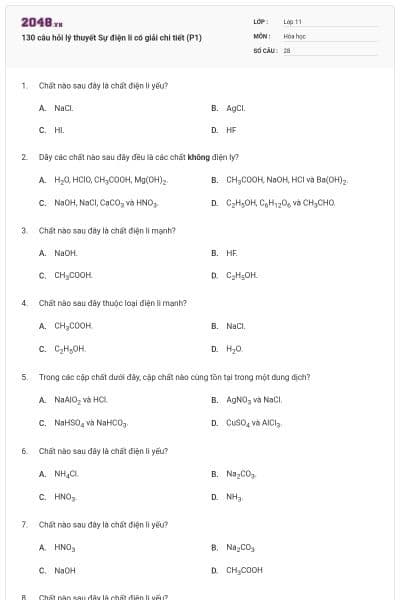 130 câu hỏi lý thuyết Sự điện li có giải chi tiết (P1)