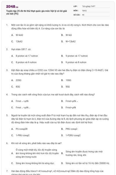 Tuyển tập 25 đề thi thử thpt quốc gia môn Vật lý có lời giải chi tiết (P5)