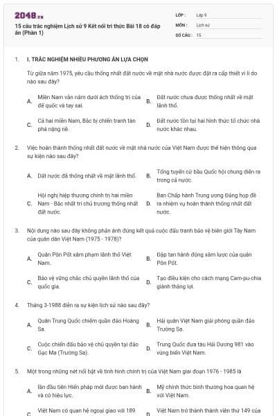 15 câu trắc nghiệm Lịch sử 9 Kết nối tri thức Bài 18 có đáp án (Phần 1)