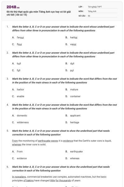 Đề thi thử thpt quốc gia môn Tiếng Anh cực hay có lời giải chi tiết ( Đề số 15)
