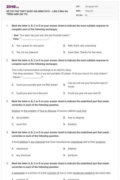 ĐỀ THI THỬ THPT QUỐC GIA NĂM 2019 – LẦN 2 Môn thi: TIẾNG ANH (Đề 19)