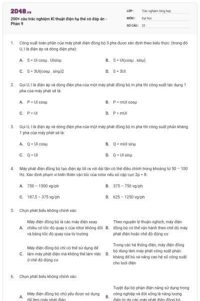200+ câu trắc nghiệm Kĩ thuật điện hạ thế có đáp án - Phần 9