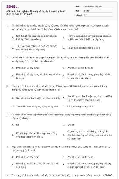 400+ câu trắc nghiệm Quản lý và lập dự toán công trình điện có đáp án - Phần 2
