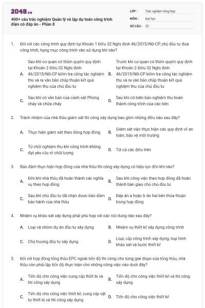 400+ câu trắc nghiệm Quản lý và lập dự toán công trình điện có đáp án - Phần 8