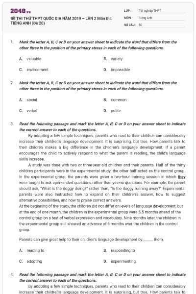 ĐỀ THI THỬ THPT QUỐC GIA NĂM 2019 – LẦN 2 Môn thi: TIẾNG ANH (Đề 20)