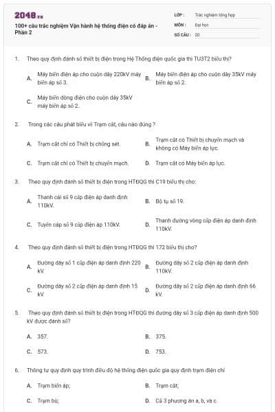 100+ câu trắc nghiệm Vận hành hệ thống điện có đáp án - Phần 2