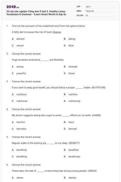 20 câu trắc nghiệm Tiếng Anh 9 Unit 5. Healthy Living - Vocabulary & Grammar - iLearn Smart World có đáp án