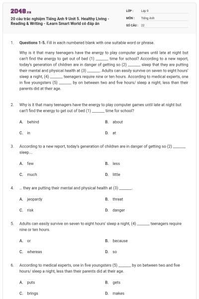 20 câu trắc nghiệm Tiếng Anh 9 Unit 5. Healthy Living - Reading & Writing - iLearn Smart World có đáp án