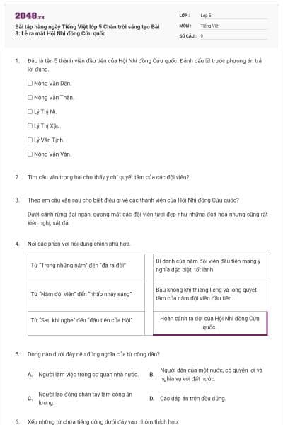 Bài tập hàng ngày Tiếng Việt lớp 5 Chân trời sáng tạo Bài 8: Lễ ra mắt Hội Nhi đồng Cứu quốc