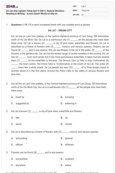 20 câu trắc nghiệm Tiếng Anh 9 Unit 6. Natural Wonders - Reading & Writing - iLearn Smart World có đáp án