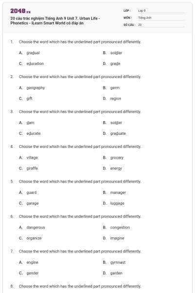 20 câu trắc nghiệm Tiếng Anh 9 Unit 7. Urban Life - Phonetics - iLearn Smart World có đáp án