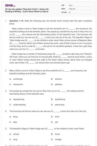 20 câu trắc nghiệm Tiếng Anh 9 Unit 7. Urban Life - Reading & Writing - iLearn Smart World có đáp án