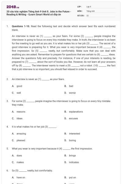 20 câu trắc nghiệm Tiếng Anh 9 Unit 8. Jobs in the Future - Reading & Writing - iLearn Smart World có đáp án