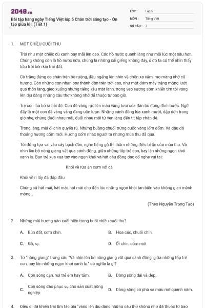 Bài tập hàng ngày Tiếng Việt lớp 5 Chân trời sáng tạo - Ôn tập giữa kì I (Tiết 1)