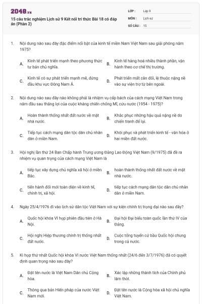 15 câu trắc nghiệm Lịch sử 9 Kết nối tri thức Bài 18 có đáp án (Phần 2)